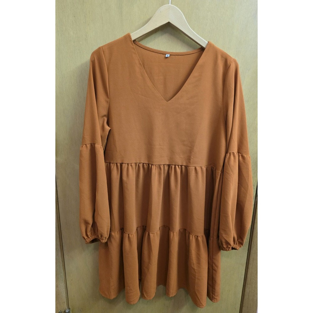 SHEIN Womens M Pumpkin Spice Rust Orange Babydoll Tiered Fall Dress Long Sleeve